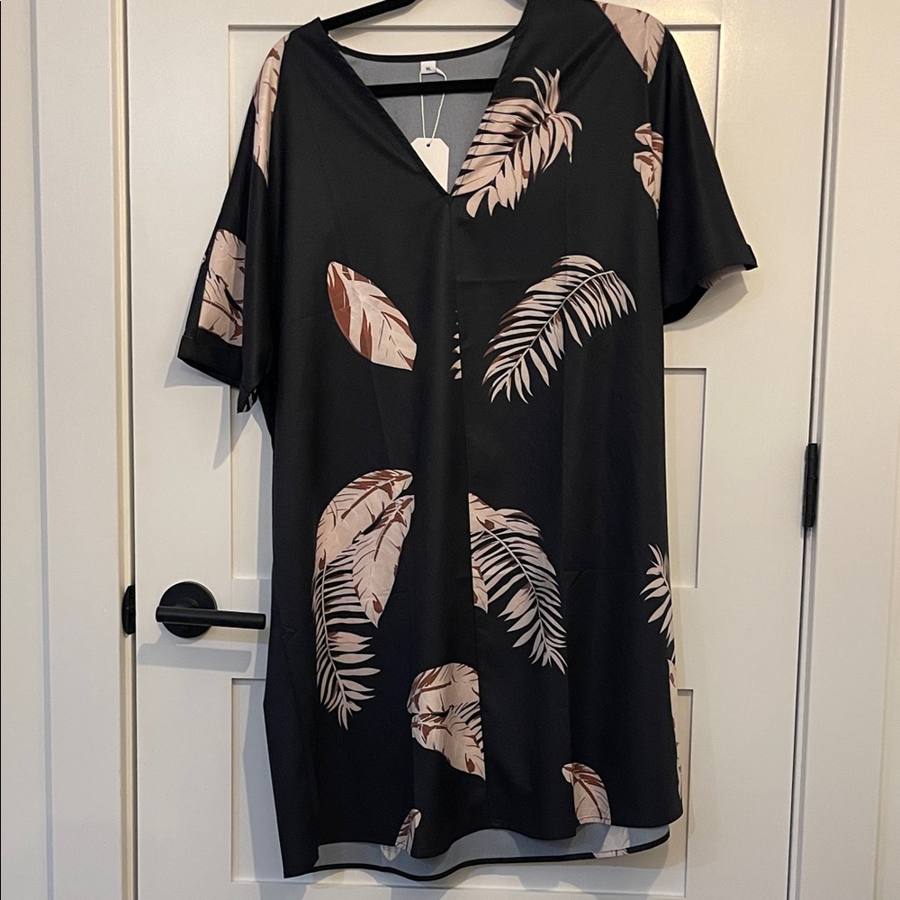 Black Dress with Pink Leaf Print